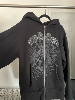 Black Zip Hoodie Jacket with Spider Web Graphic Sp5der